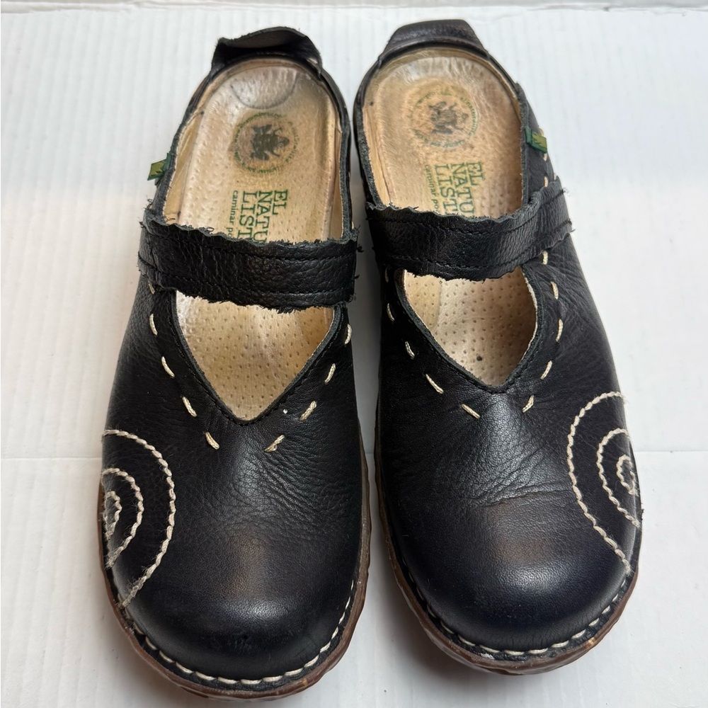 El Naturalista Black Leather Mary Jane Flats EU 38 White Stitch Comfort Shoes - Picture 2 of 10